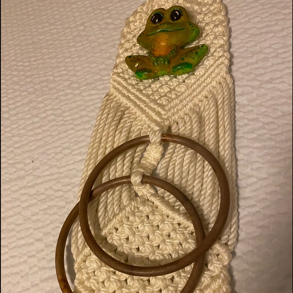 White Handmade Hanging Frog 2 Ring Towel Holder